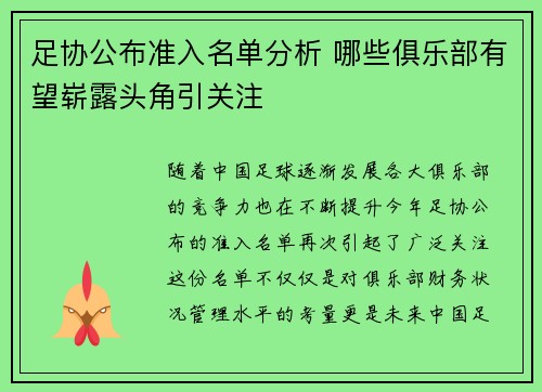 足协公布准入名单分析 哪些俱乐部有望崭露头角引关注
