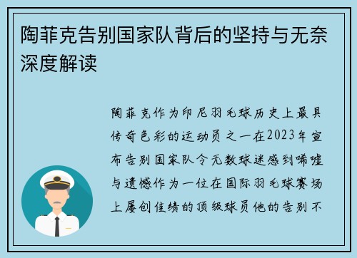 陶菲克告别国家队背后的坚持与无奈深度解读 陶菲克告别国家队背后的坚持与无奈深度解读